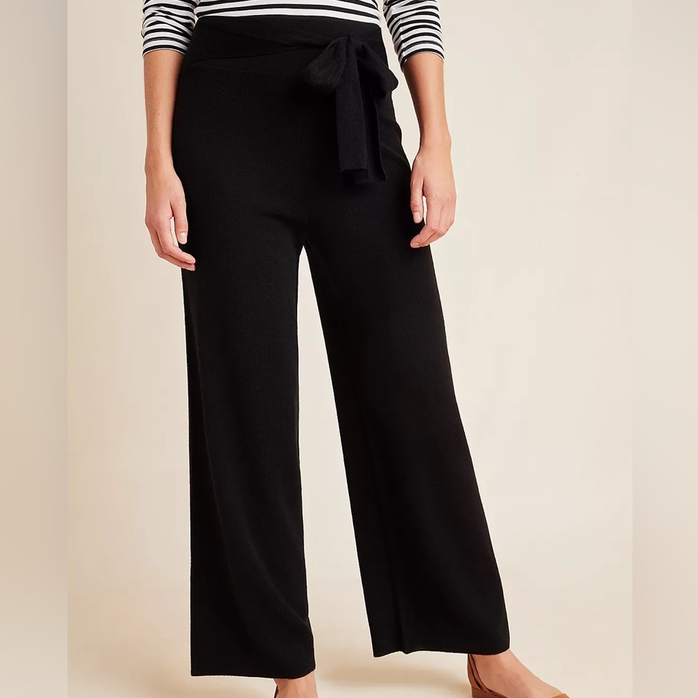 By Anthropologie Linette Cropped Knit Pants Tie Waist Black